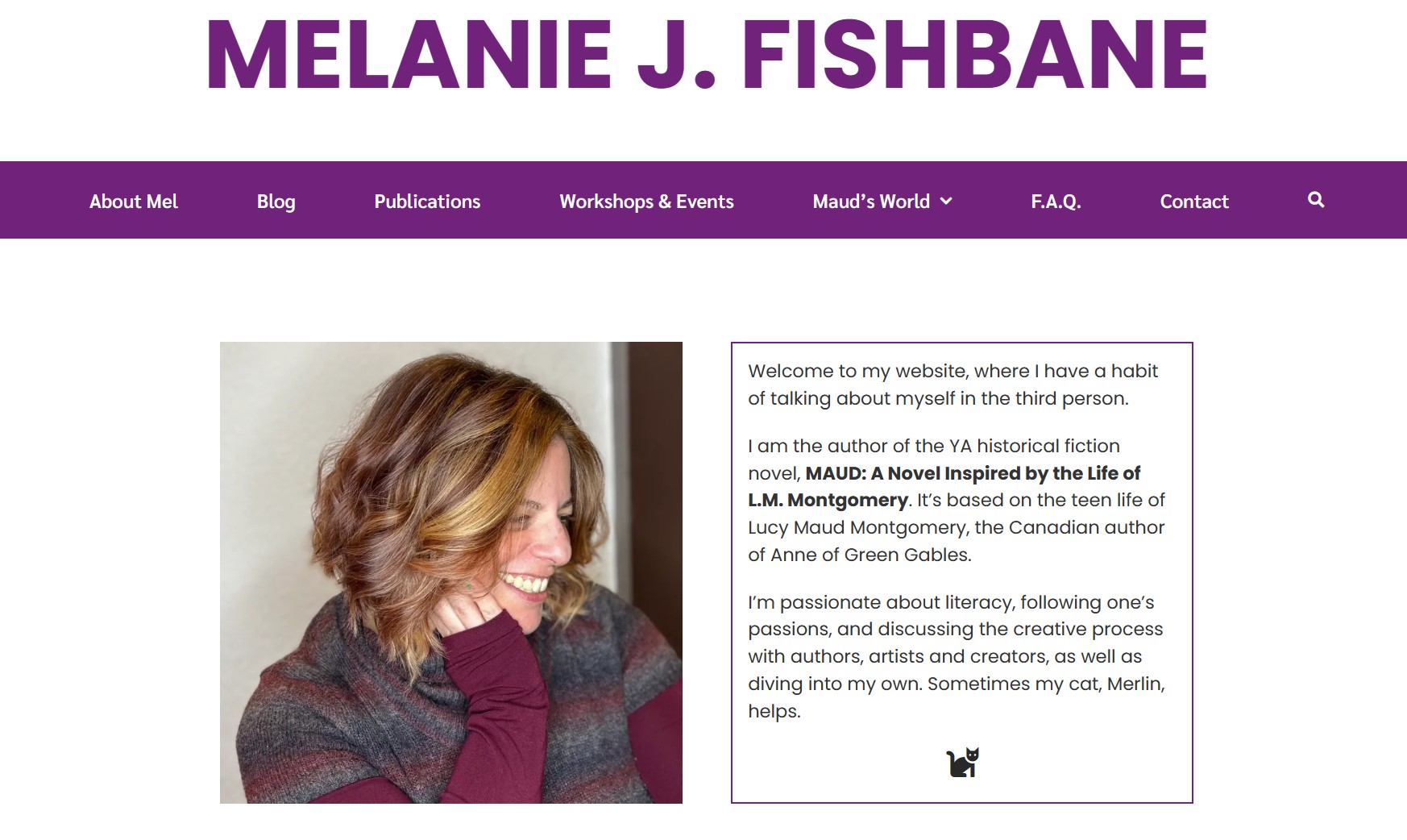 Melanie Fishbane website with simple design, purple menu, and author portrait of Melanie