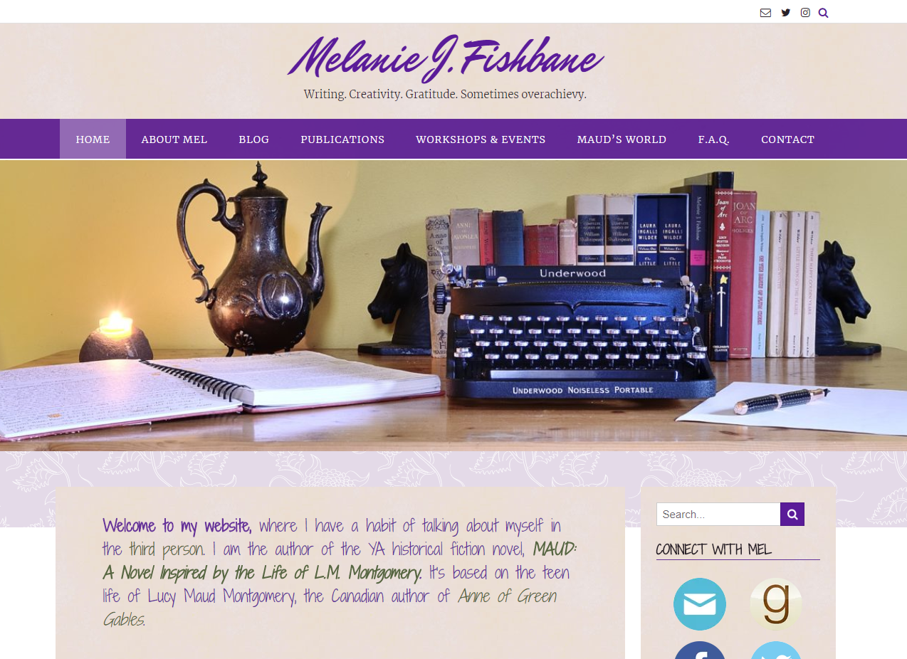 Melanie Fishbane website with banner image of vintage typewriter, classic books, and open notebook on a desk.