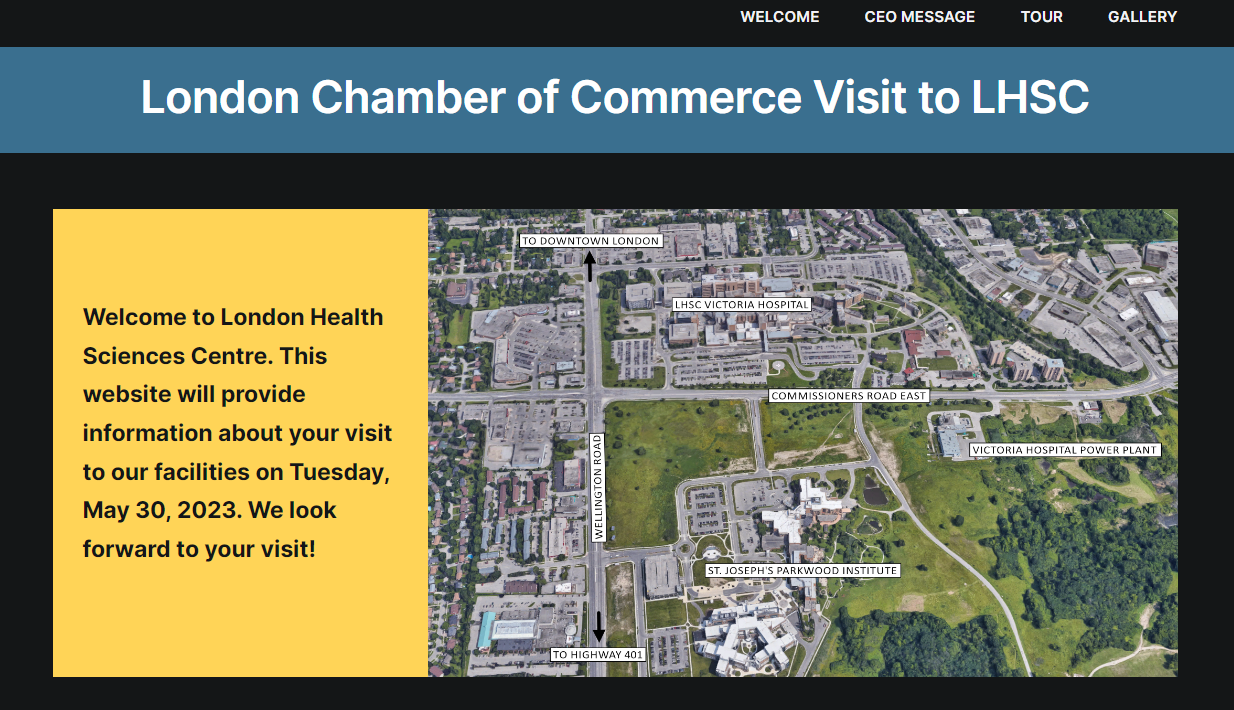 London Chamber of Commerce Visit to LHSC website showing welcome message and map of Victoria Hospital